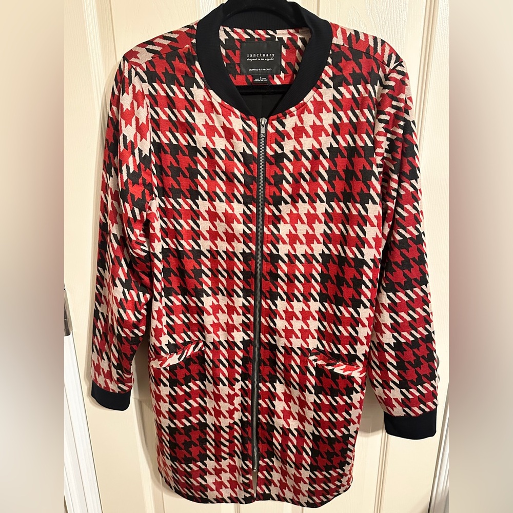 Sanctuary City Topper Houndstooth Pattern Full Zip Coat Red, Tan & Black, XL - Picture 2 of 7